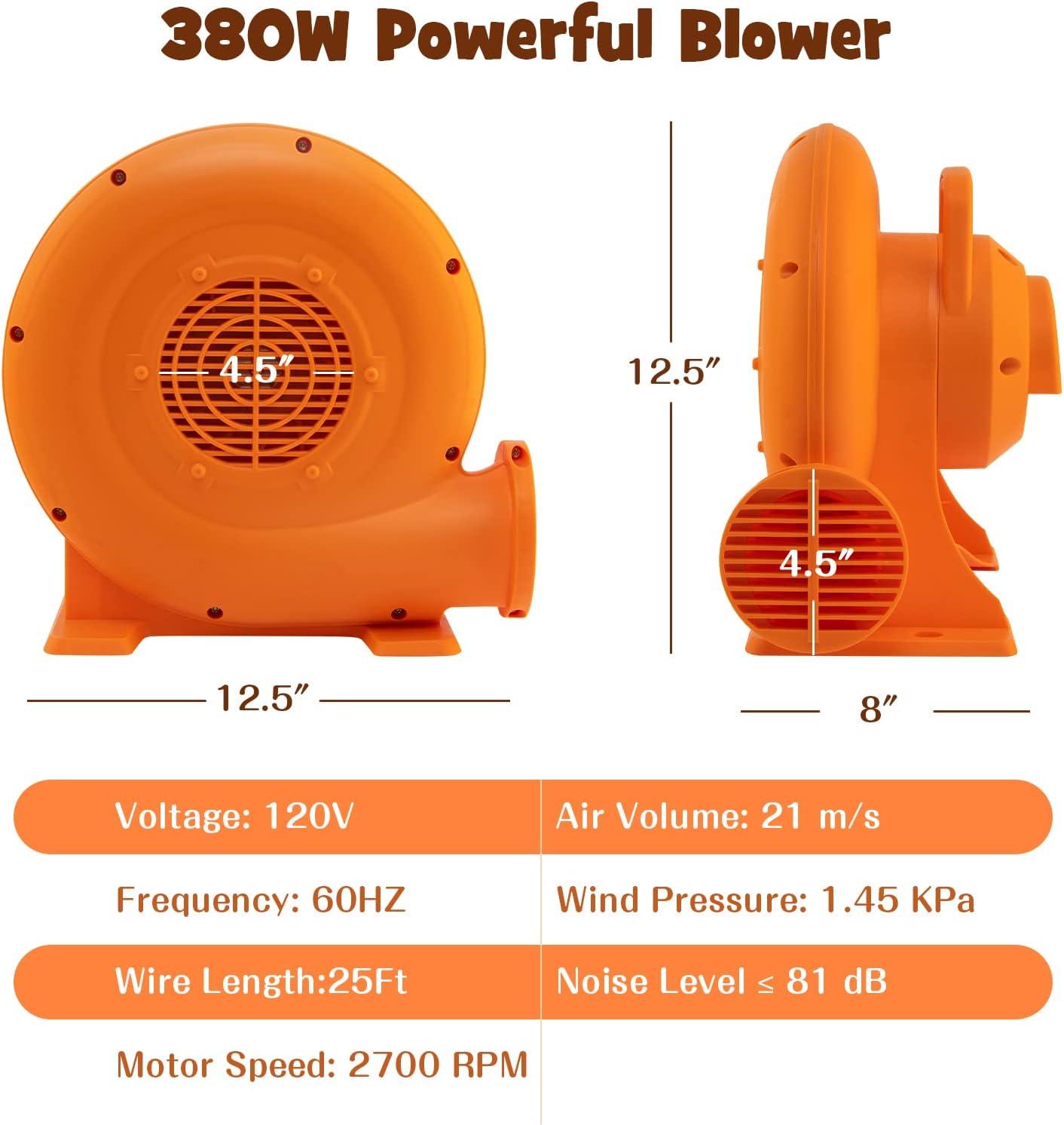 Costzon Air Blower, 380W 0.5HP Bounce House Blower with 25 FT SJTW Wire & Stakes, IPX4 Air Blower for Inflatables, ETL, GFCI Plug, Perfect for Inflatable Bouncer Blower, Jumper, Bouncy Castle Orange