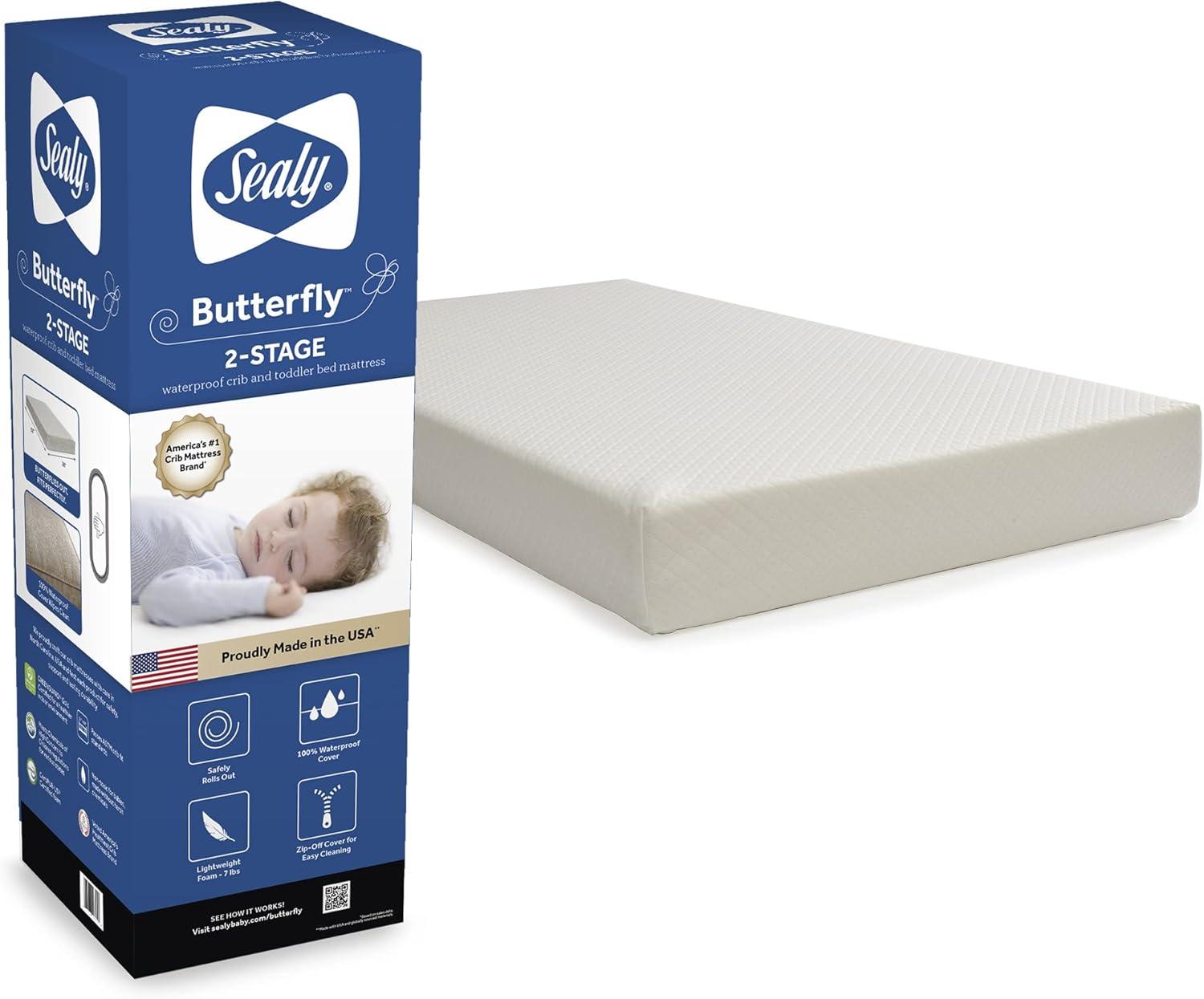 Sealy Baby Butterfly Breathable Knit 2 Stage Waterproof Crib Mattress plus Toddler Bed Fit, Washable Easy Clean Zip Off Cover, GREENGUARD Gold Certified, Safety & Quality Tested, Made in USA, 52"X28"