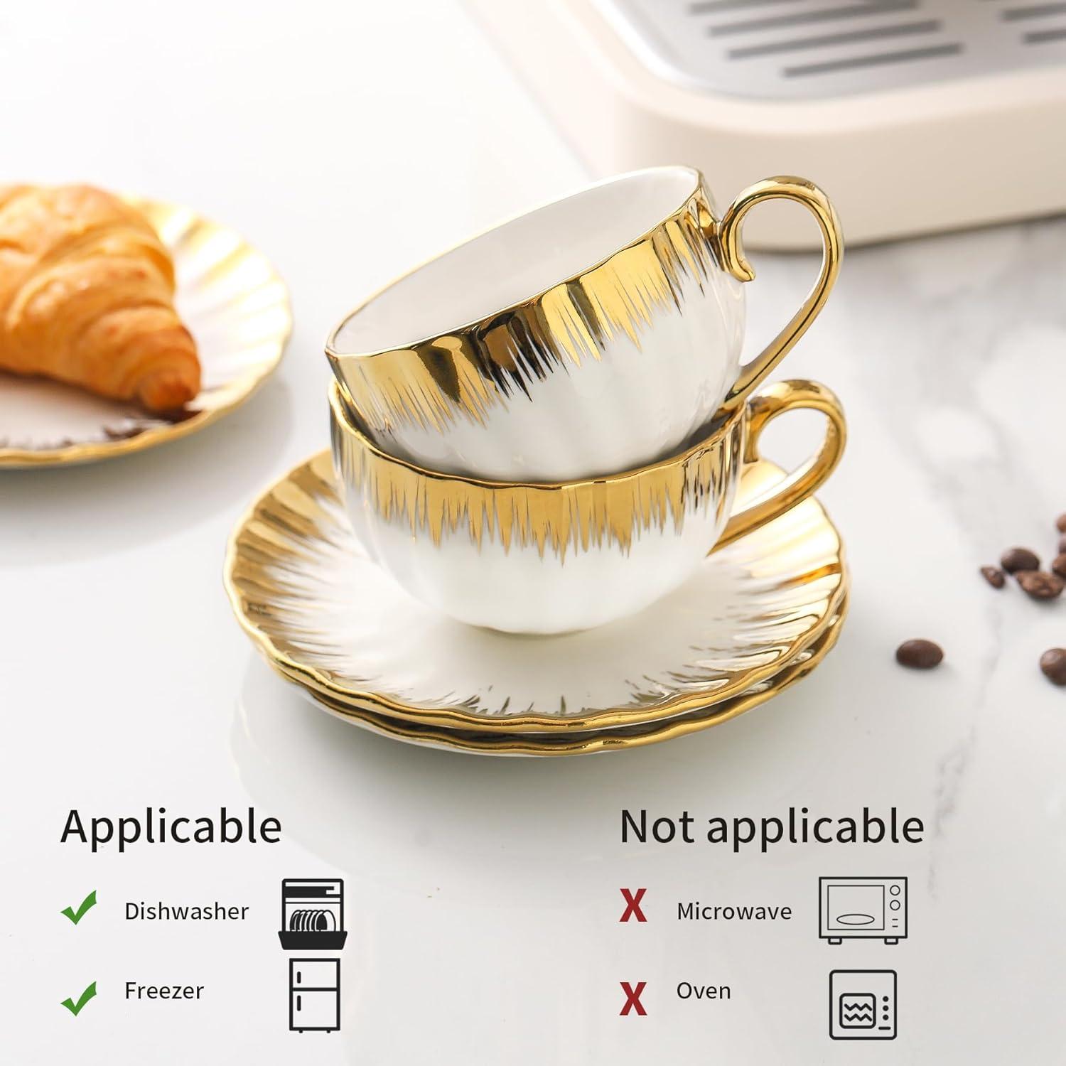 FAST APPLIANCES LLC Cappuccino Cups With Saucers, 7 Oz Porcelain Double Espresso Cups Set, Ceramic Turkish Coffee Cups With Trim, Tea Cups Set Of 6, Cafe Cups For Latte, Mocha, Au Lait