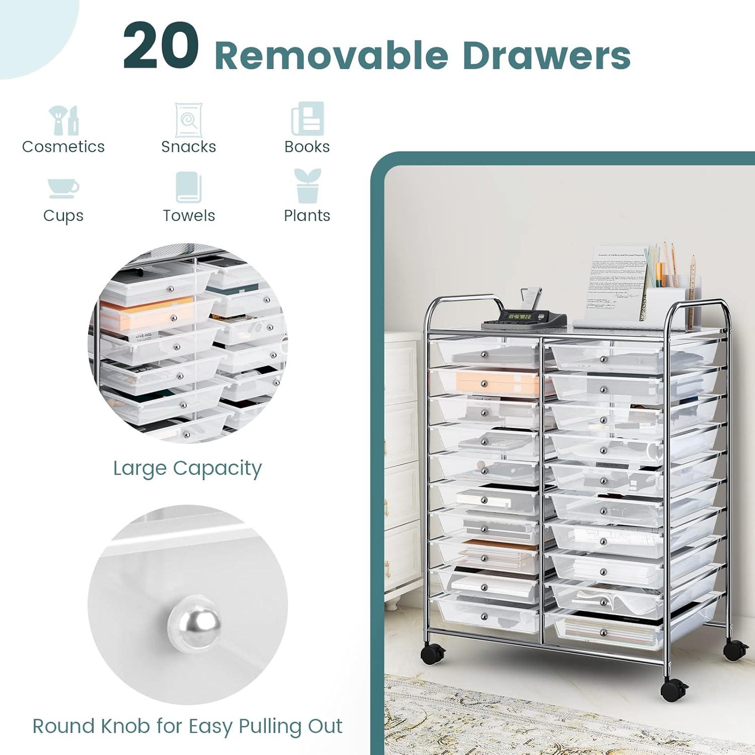 20-Drawer Organizer Cart Office School Storage Cart Rolling Drawer Clear