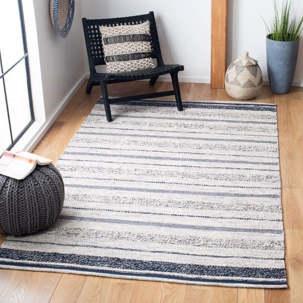 Ivory and Navy Handwoven Wool-Cotton Kilim Area Rug 59 in x 8 in