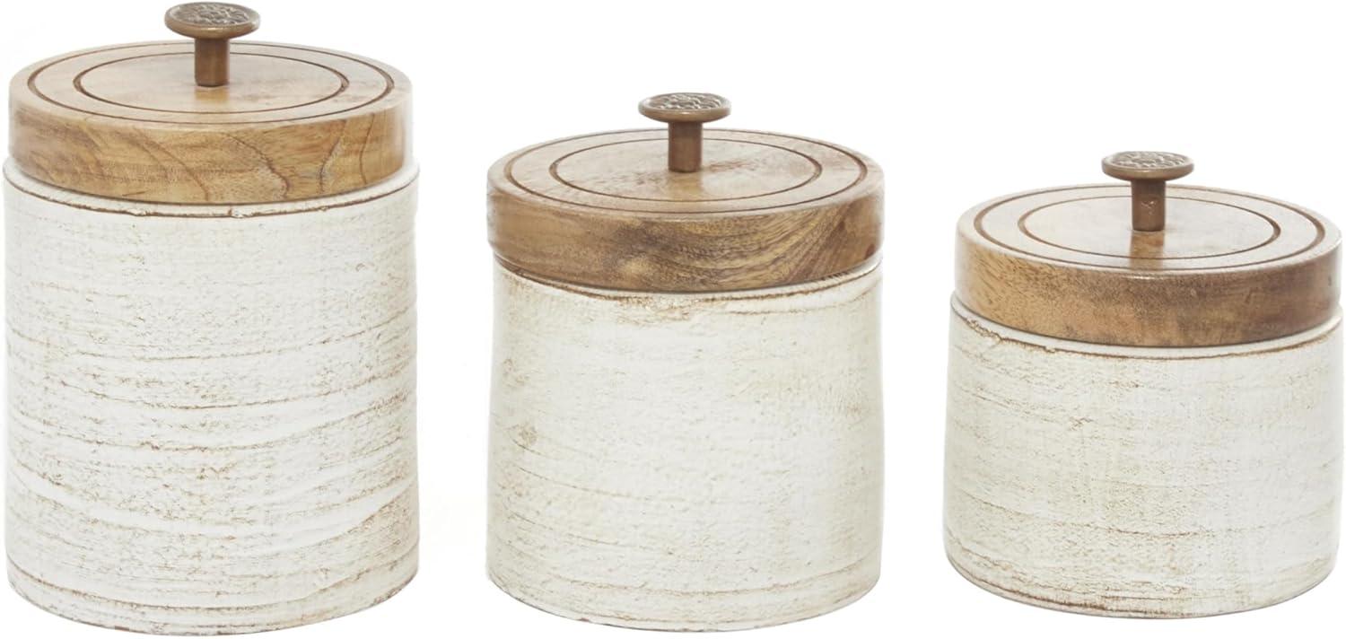 DecMode 8", 8", 7"H White Ceramic Decorative Jars with Wood Lids, 3-Pieces