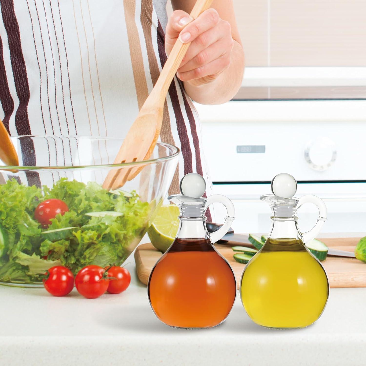 Cornucopia Brands 8oz Glass Oil and Vinegar Cruets (Set of 2); Round Oil Dispensers / Salad Dressing Bottles w/ Stoppers
