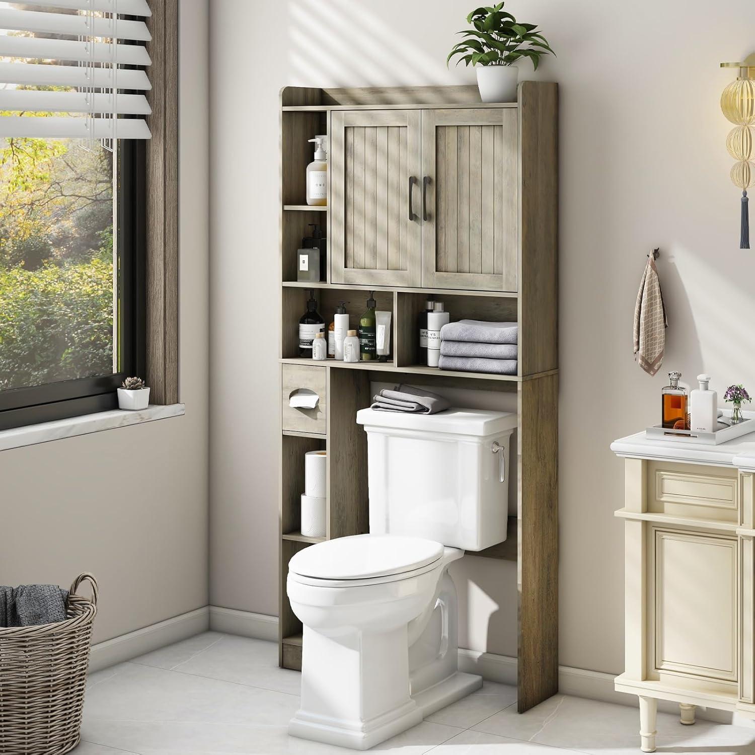 Gray Oak Over-The-Toilet Storage Cabinet with Adjustable Shelving