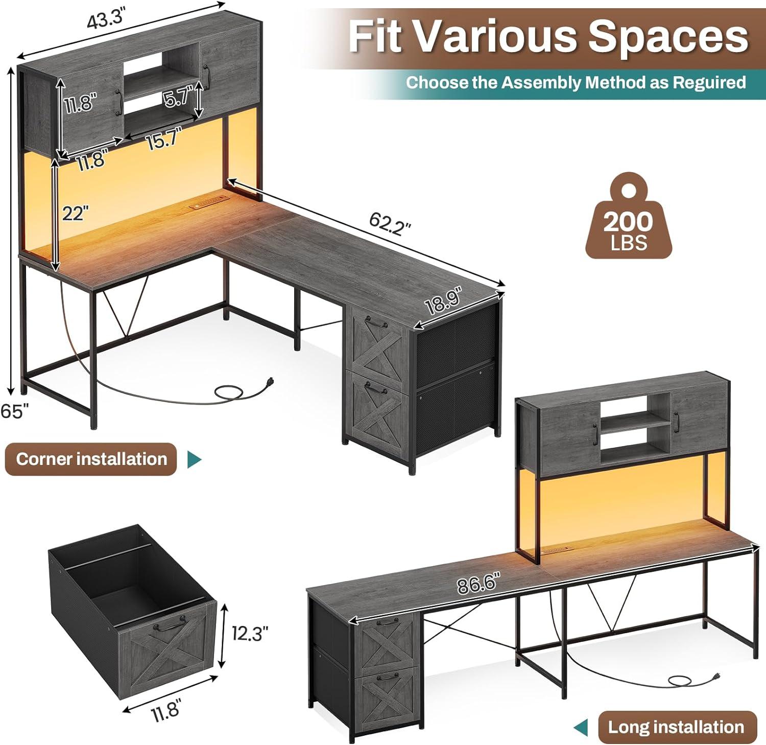 L-Shaped Computer Desk with LED Lights & Hutch & Pegboard, Reversible Gaming Desk with Monitor Stand & Drawers for Home Office, Black