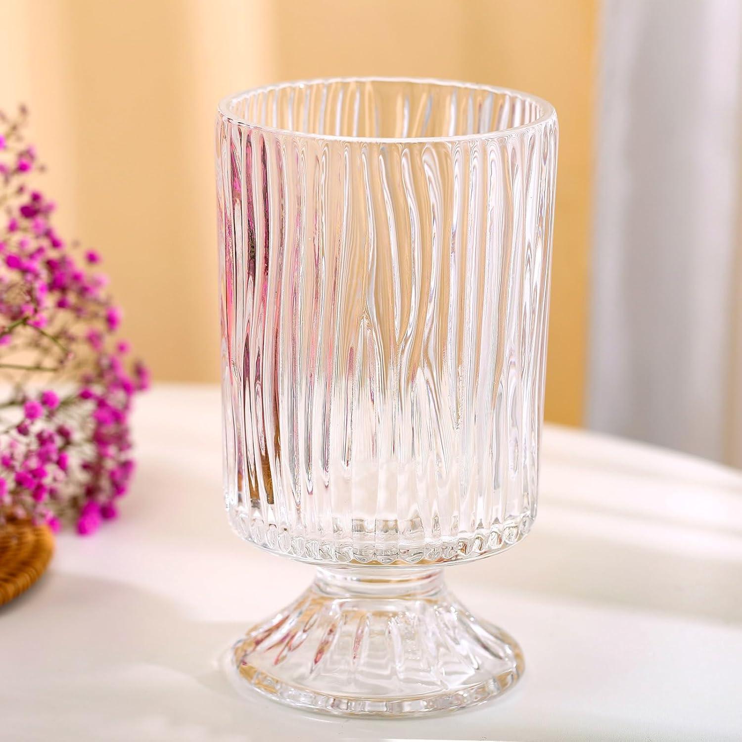 7 Inch Modern Glass Vase with Embossed Ribbed Base - Clear Hydroponic Design for Home Decor, Weddings Party Living Room, Dining Table Floral Arrangement Centerpiece