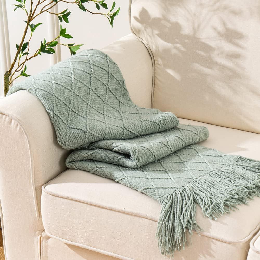 Light Blue Diamond Knit Acrylic Throw Blanket with Fringe, 50"x60"