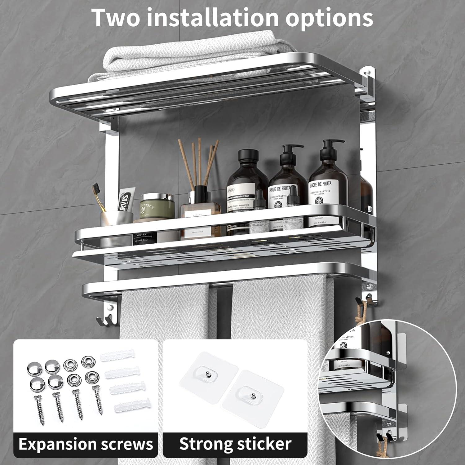 22.8Inch Towel Rack For Bathroom And Lavatory Towel Hanger With Wall Mount Towel Bars 304 Stainless Steel No Drill (Collapsible Towel Rack With Bathroom Organize Shower Shelves)