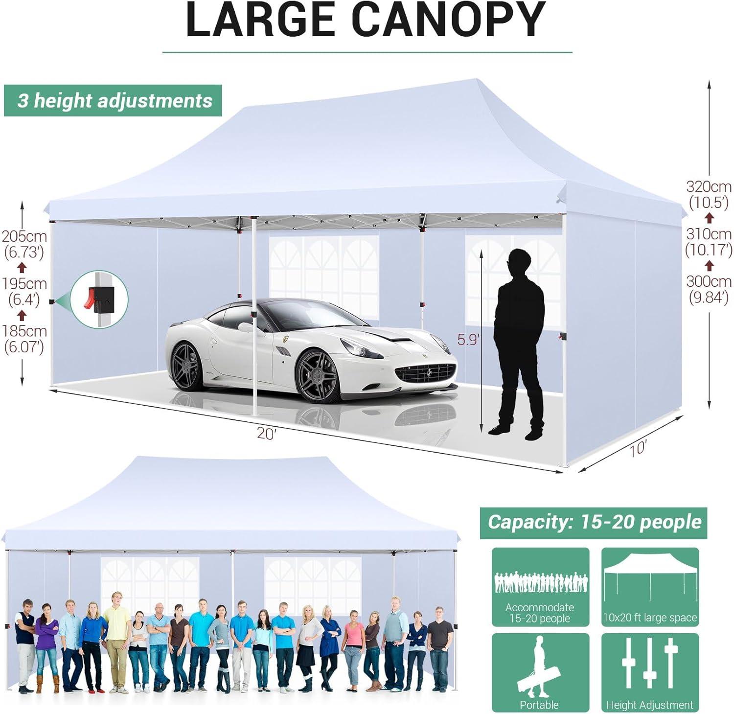 COBIZI 10x20 Pop Up Canopy with 6 Sidewalls,Waterproof Instant Party Tents for Weddings & Parties, Easy Up Commercial Canopy Tent,UPF 50+ UV Protection, 3-Height Adjustable Frame & 4 Sandbags White