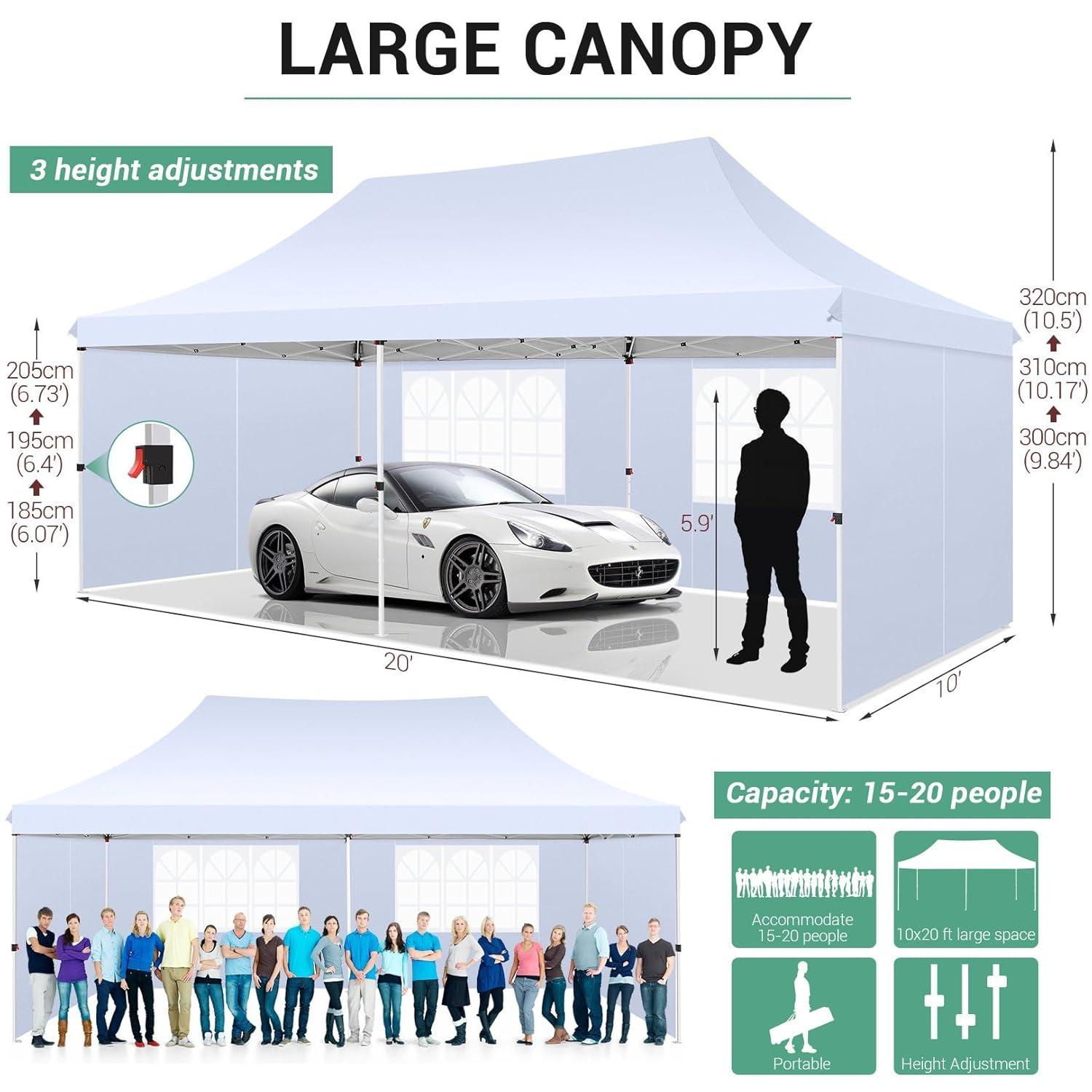 COBIZI 10x20 Pop Up Canopy with 6 Sidewalls,Waterproof Instant Party Tents for Weddings & Parties, Easy Up Commercial Canopy Tent,UPF 50+ UV Protection, 3-Height Adjustable Frame & 4 Sandbags White
