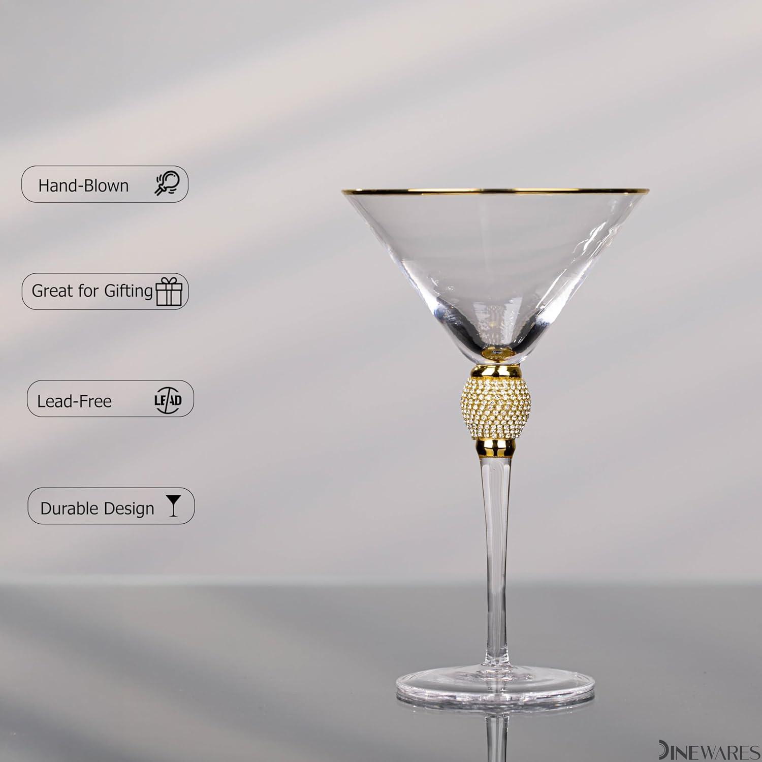 Dinewares Clear Stem Crystal Martini Glasses with Rim and Diamond-like Rhinestones, Elegant 10oz Glassware Set for Cosmopolitan Vodka, Gold Set of 4