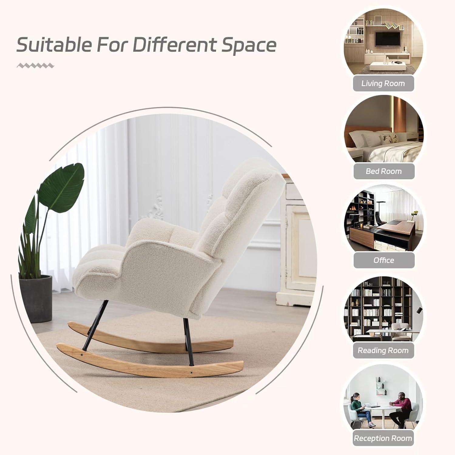 Nursery Rocking Chair Teddy, Upholstered Glider Rocker with High Backrest, Comfortable Stylish Accent Armchair with Padded Seat for Living Rooms, Bedrooms, Offices