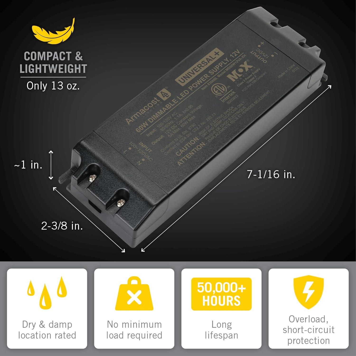 Armacost Lighting Universal+ Dimmable LED Driver 12V DC, 60W Electronic Transformer ELV/MLV/TRIAC 830600