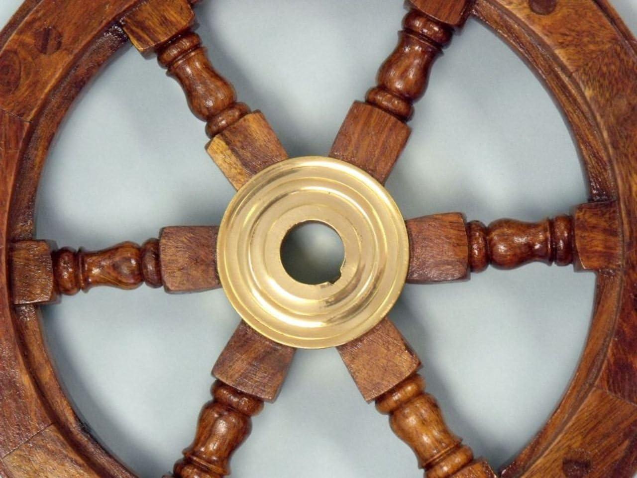 Deluxe 12'' Brown Wood and Brass Nautical Ship Wheel