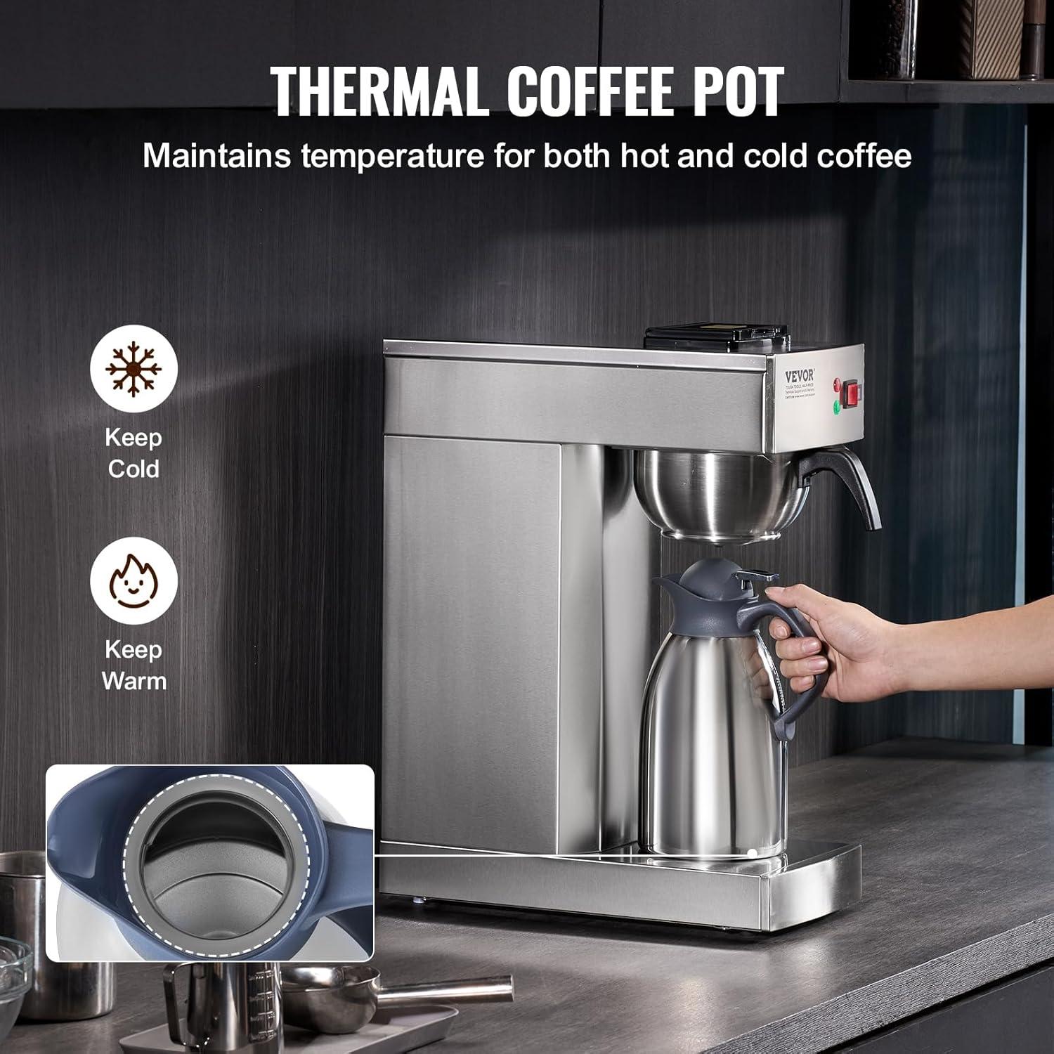 VEVOR 12 Cups Commercial Drip Coffee Maker, Coffee Maker Machine with Thermal Carafe to Keep Warm or Cold, Stainless Steel Pour Over Coffee Brewer