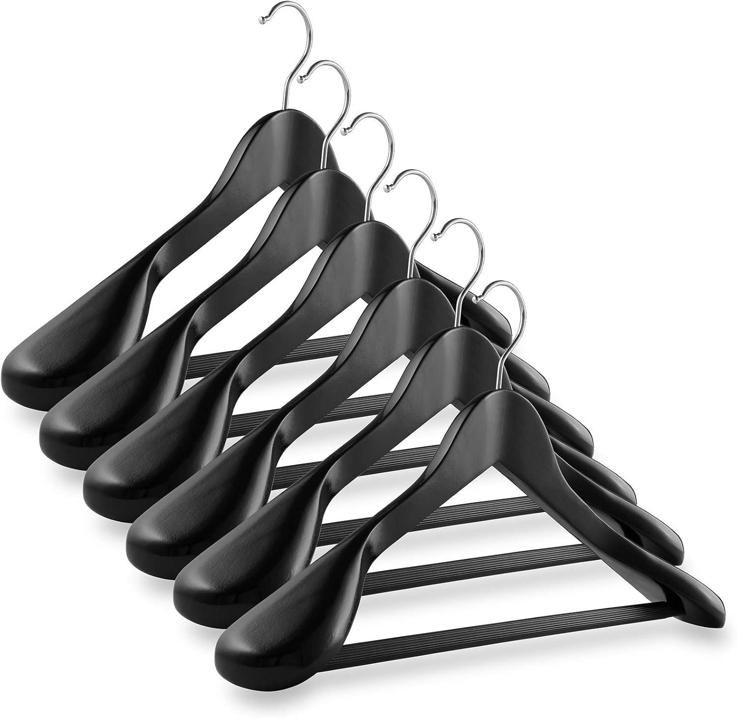 Casafield Wide Shoulder Wooden Suit Hangers, Non-Slip Pant Bar & Swivel Hook - Set of 6