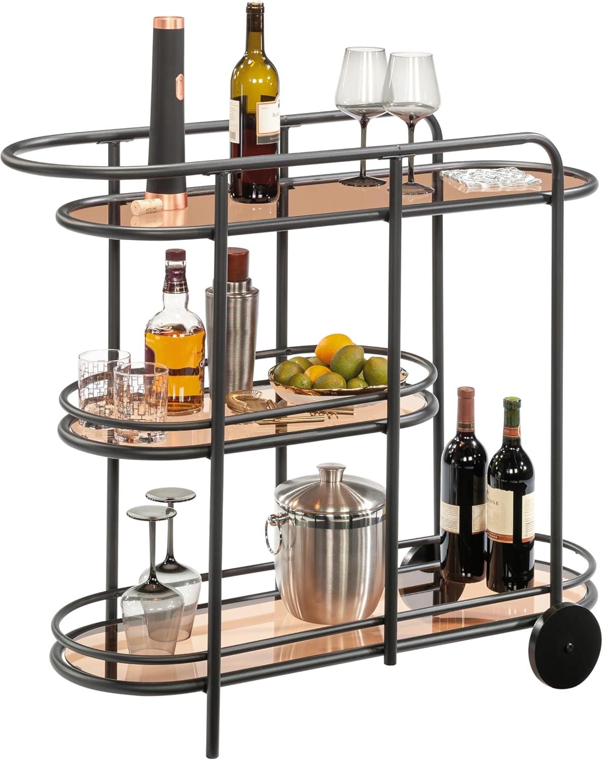 Sauder Coral Cape Metal Cart with Glass Tinted/Black: 3-Tier, Safety-Tempered, Rolling Storage