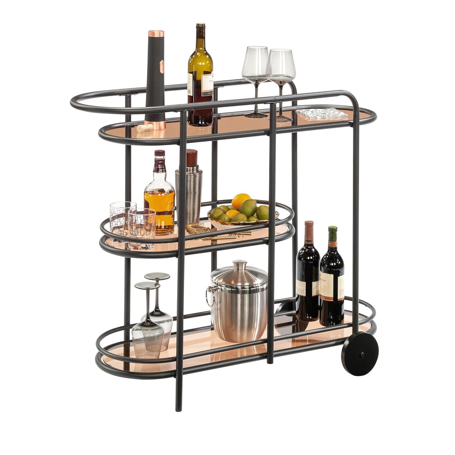 Sauder Coral Cape Metal Cart with Glass Satin Gold: 3-Tier, Safety-Tempered, Mobile