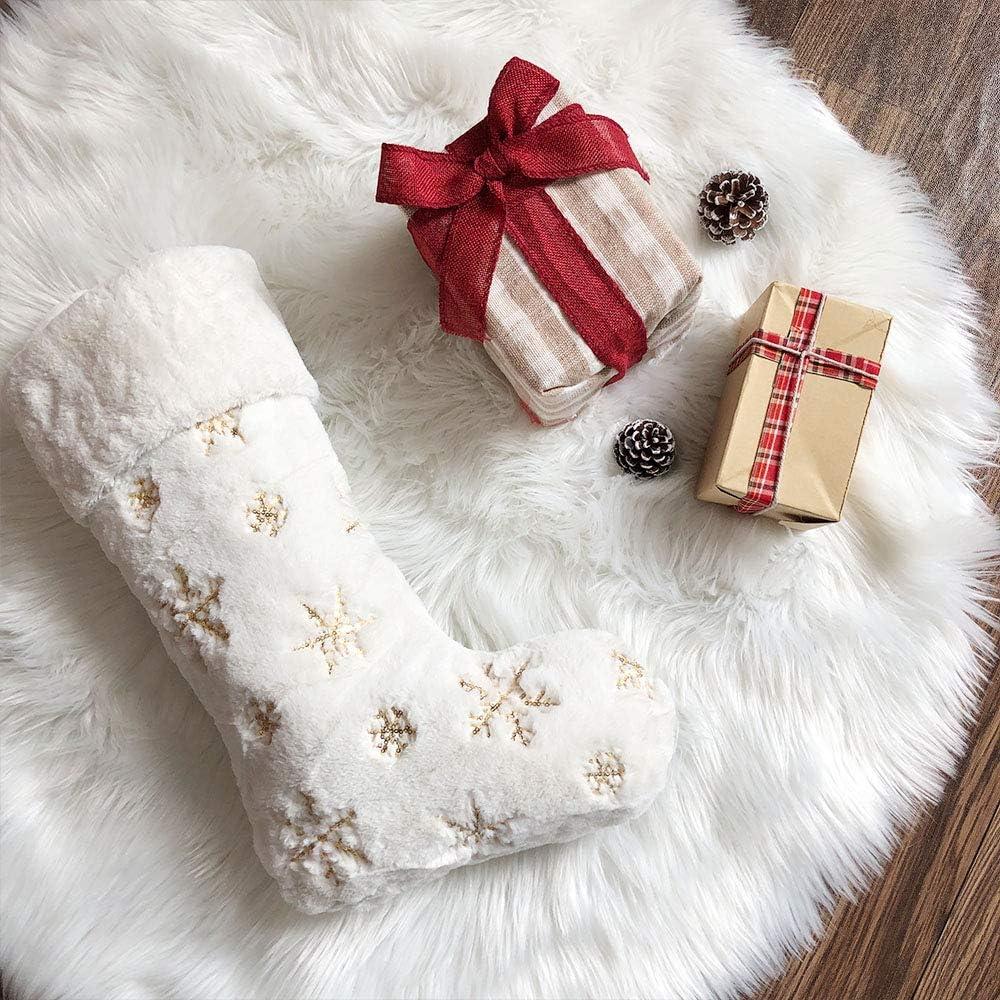 White Faux Fur Christmas Stockings with Gold Snowflakes, 22 Inches