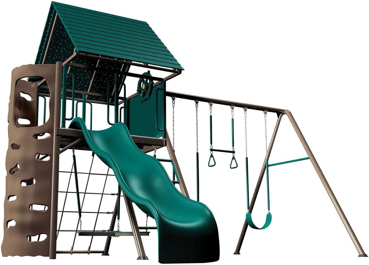 Lifetime Kid's Big Stuff Metal Swing Set with Slide and Climbing Wall (91069)