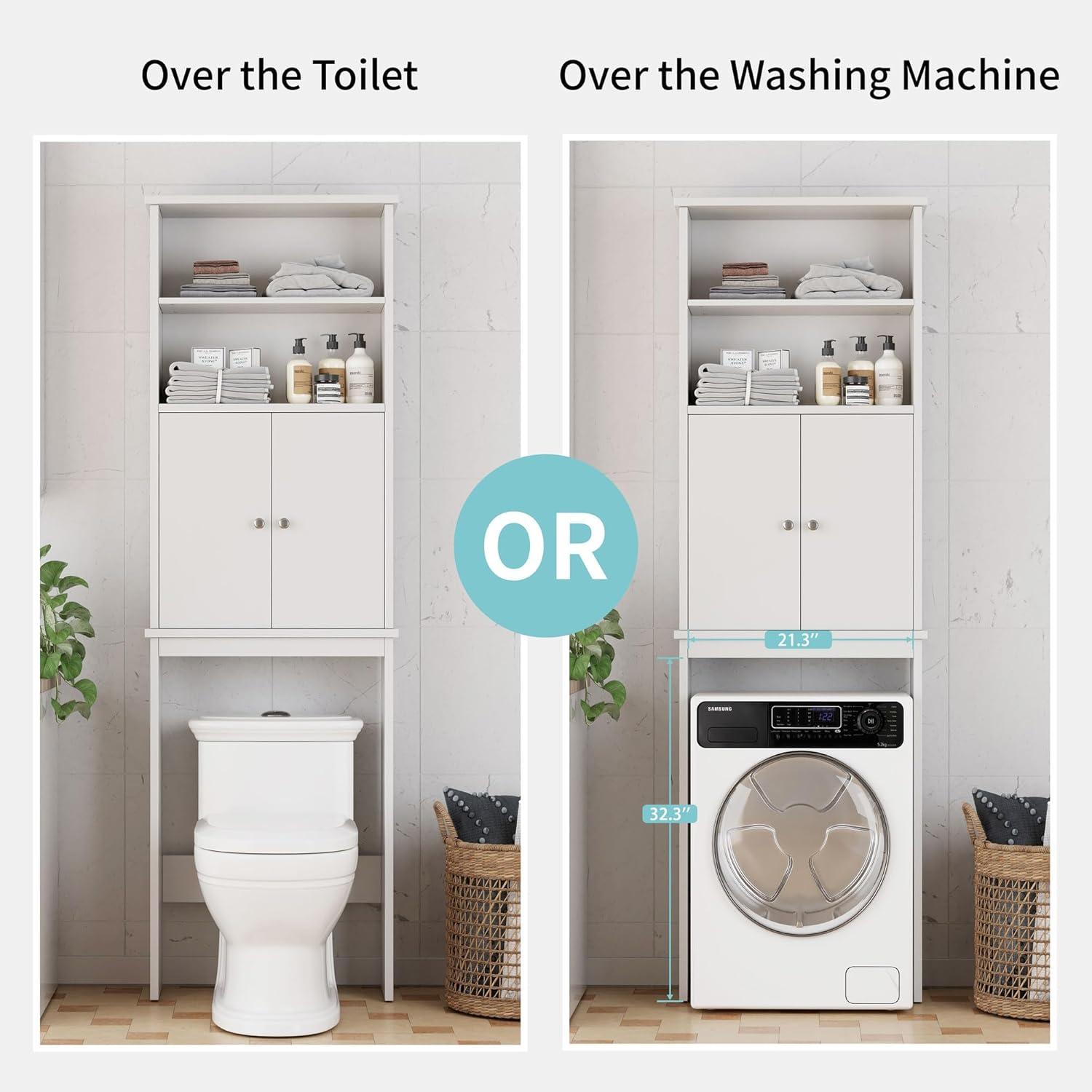 Shintenchi Over The Toilet Storage Cabinet, Bathroom above The Toilet Rack, Bathroom Adjustable Shelf Organizer with Open Bottom Bar and Anti-Tip Device, White