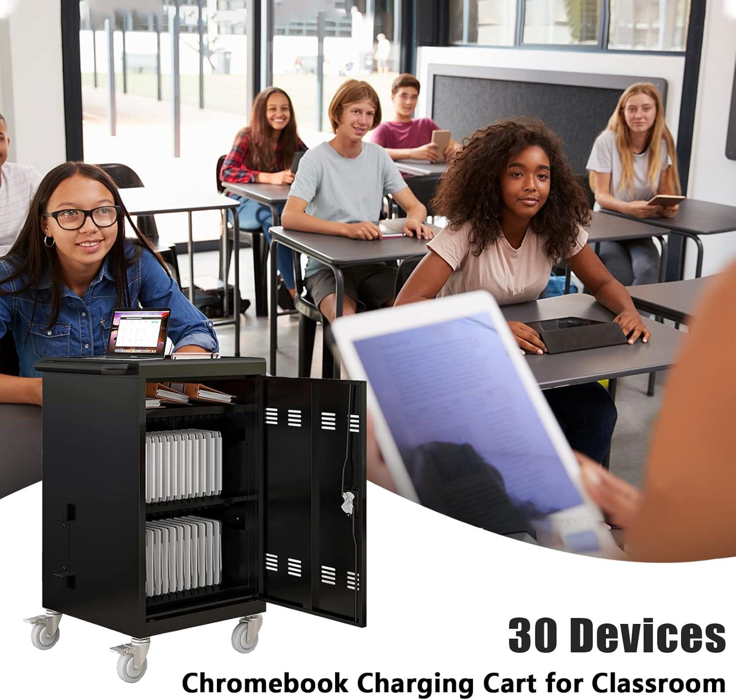 CLEARANCE! 30-Bay Locking Laptop and Tablet Charging Station Cart with Keypad Entry, Computer Charging Station Cabinet, Secure Storage, Portable, Assembly Required, Black