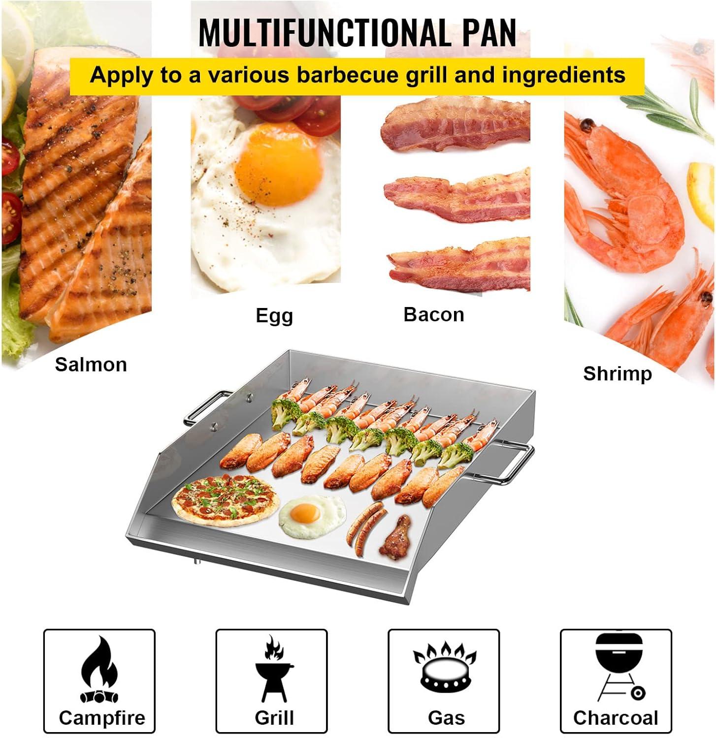 VEVORbrand Stainless Steel Griddle,18" X 16" Universal Flat Top Rectangular Plate, BBQ Charcoal/Gas Grill with 2 Handles and Grease Groove with for Camping, Tailgating and Parties