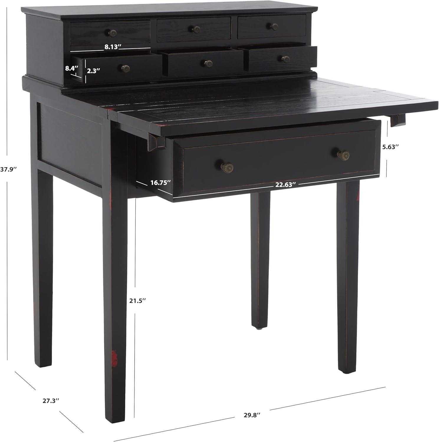 Transitional Black Wood Desk with 7 Drawers and Foldable Top