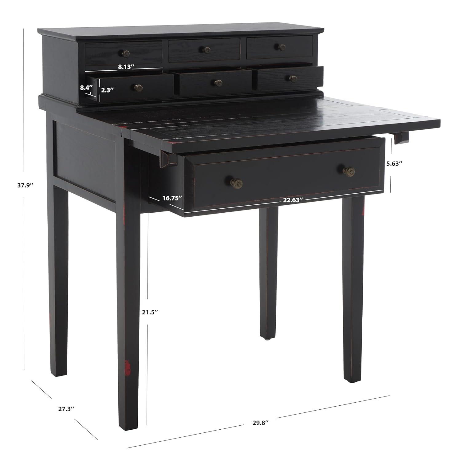 Transitional Black Wood Desk with 7 Drawers and Foldable Top