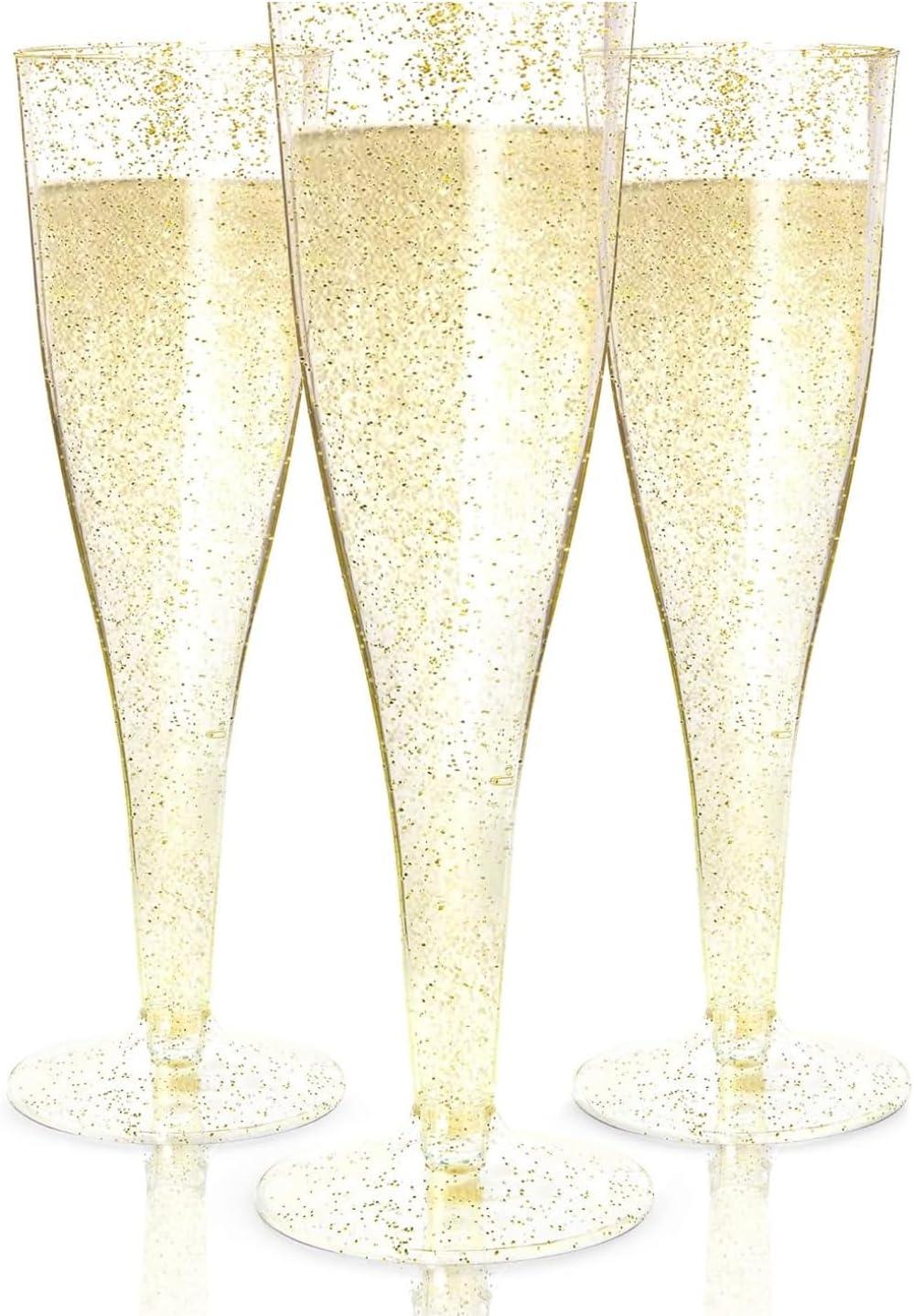 Prestee 24 Champagne Flutes Disposable, Gold Rim Glitter Plastic Cups