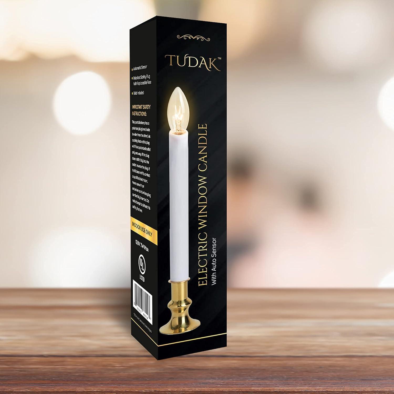 Electric Christmas Window Candle Lamp with Brass Plated Base, Dusk to Dawn | Auto Sensor | Turns Candle on in Dark and Off in Light, Ready to Use! | 4 Pack