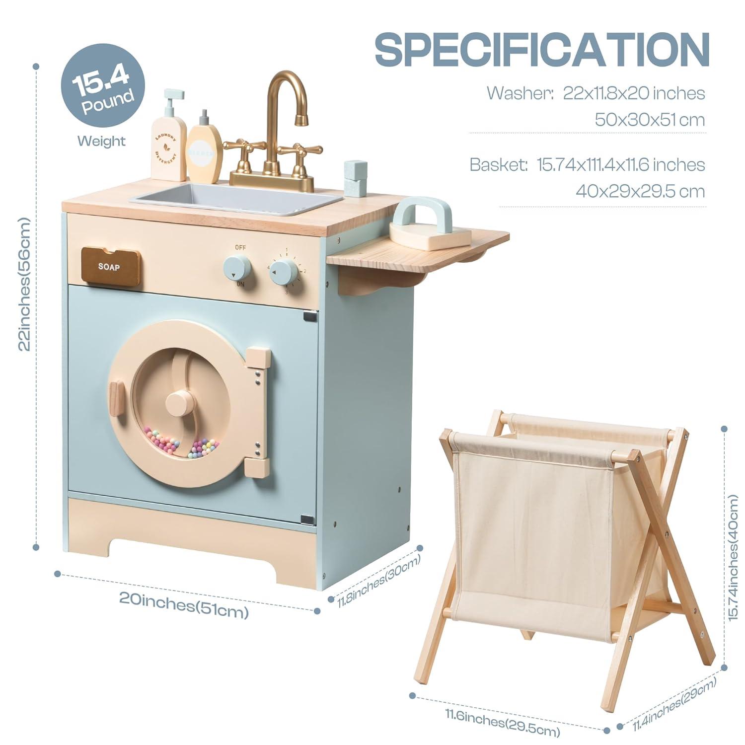 ROBOTIME Toy Kitchen Washer Playset, Wooden Toy Washing Machine for Kids with Clothes Basket, Iron and Sink, Pretend Toddlers Kitchen Toy with Accessories for Ages 3+