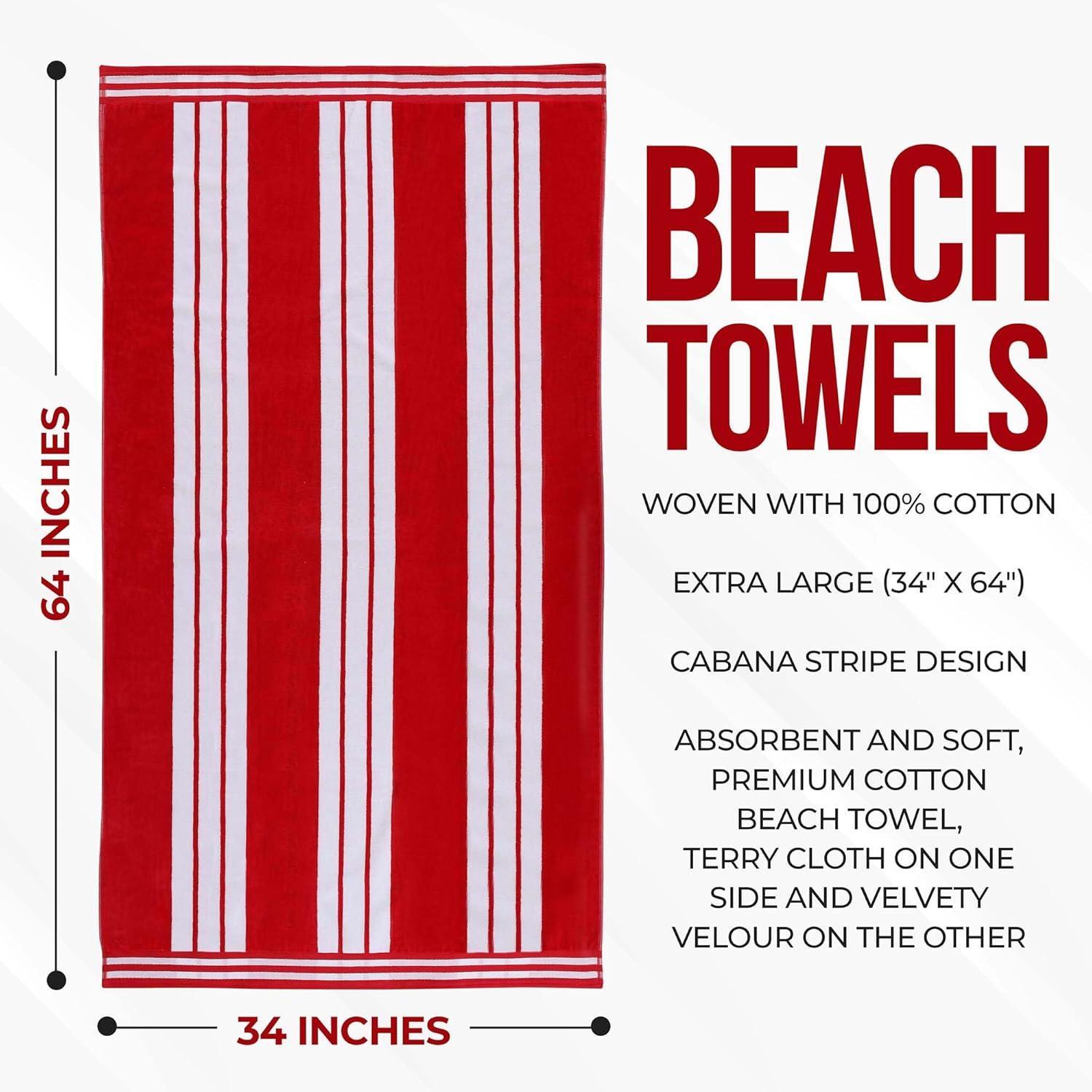 Superior Cotton Striped Oversized Beach Towel, 34" x 64", Red