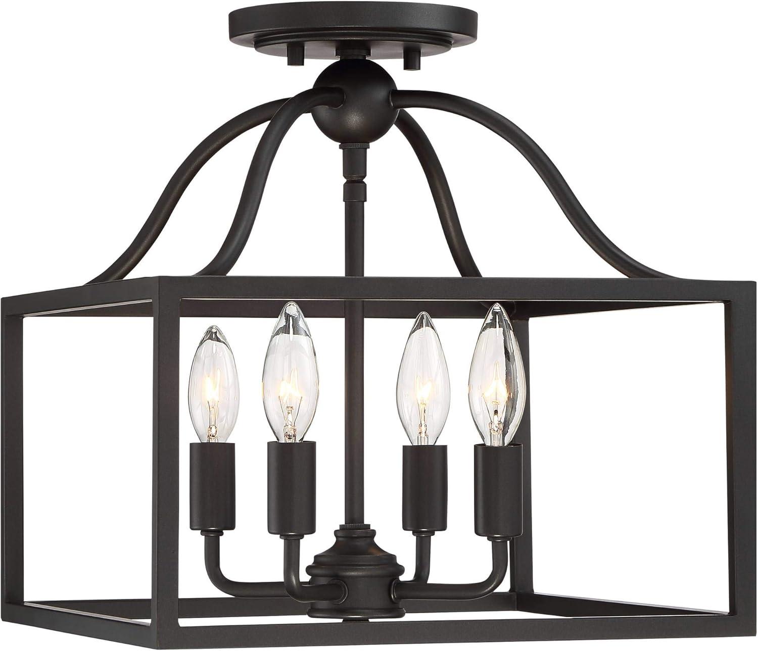 Franklin Iron Works Elle Rustic Industrial Ceiling Light Semi Flush Mount Fixture 13" Wide Black 4-Light Square Cage for Bedroom Living Room Kitchen