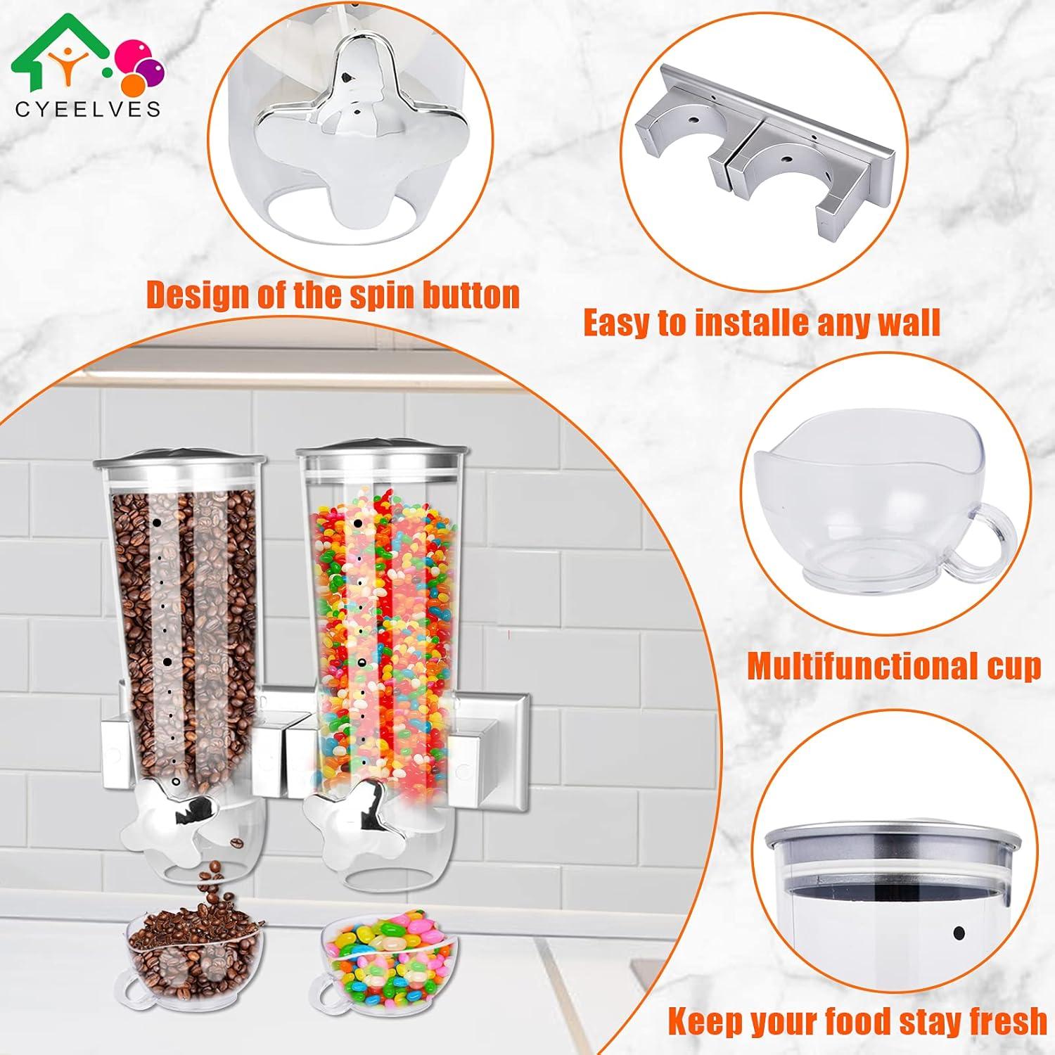 Cereal Dispenser Wall Mounted, Large Dry Food Dispenser with Cup, Grains Dispenser Wall Mounted, Candy Dispenser Wall Mount for Store Food Coffee Beans Nuts Snacks, Kitchen Cereal Storage Container 3L
