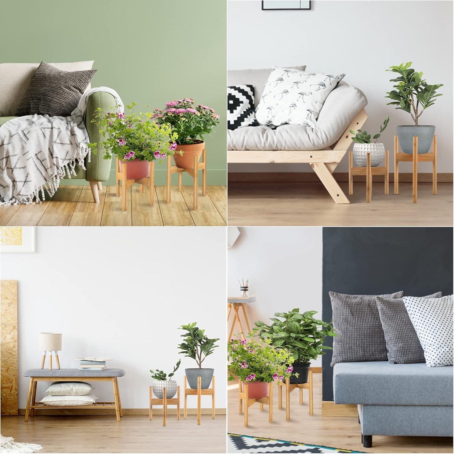 2 Pack Bamboo Plant Stands, Adjustable Plant Stand Indoor, Mid Century Modern Plant Stand, Plant Holder for Living Room, Balcony Fits 8 to 12 Inches Pots (Beige)