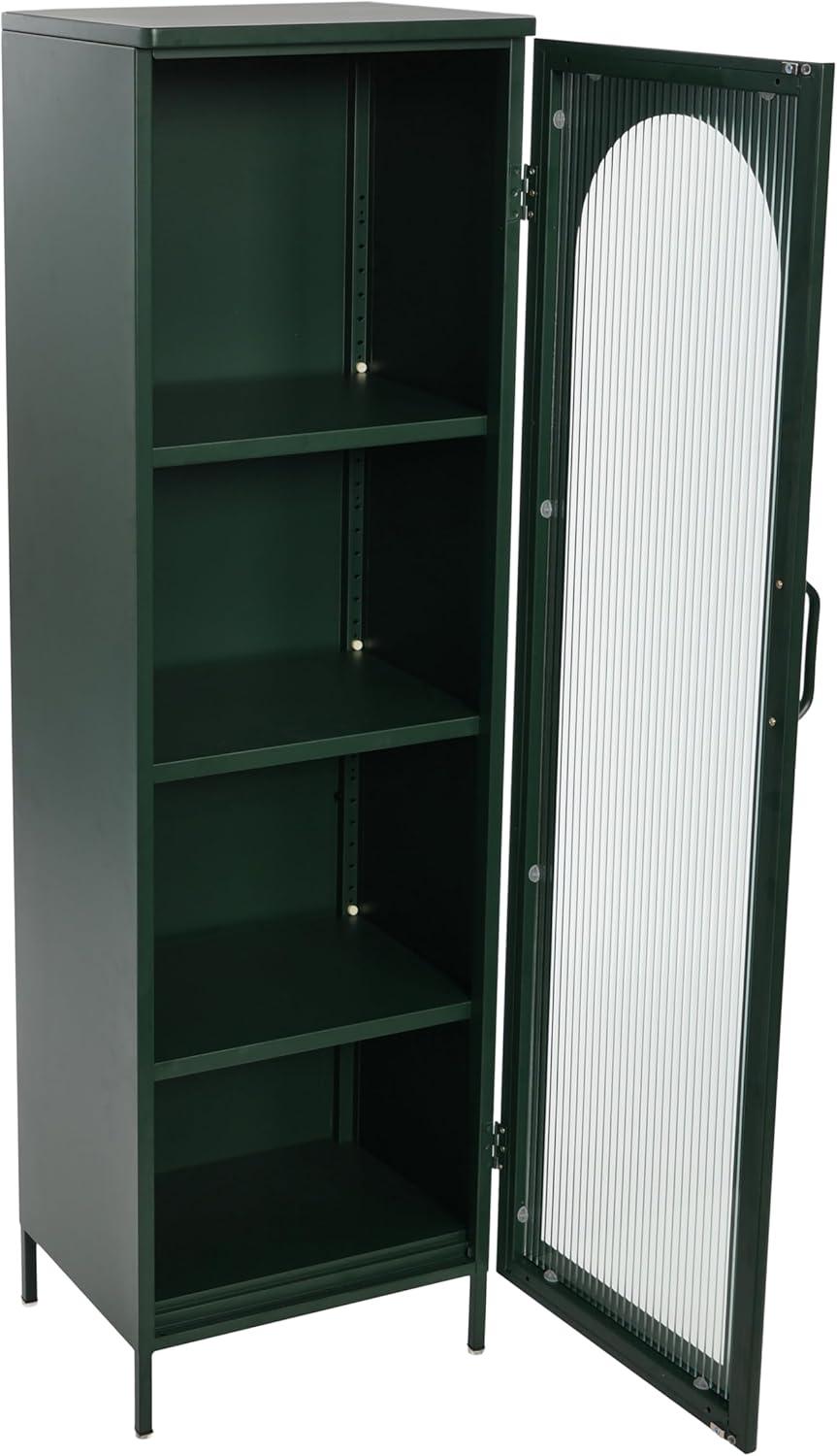 Storied Home Tall Metal Accent Cabinet: Arched Glass, 4 Shelves, Dark Green, 57" H