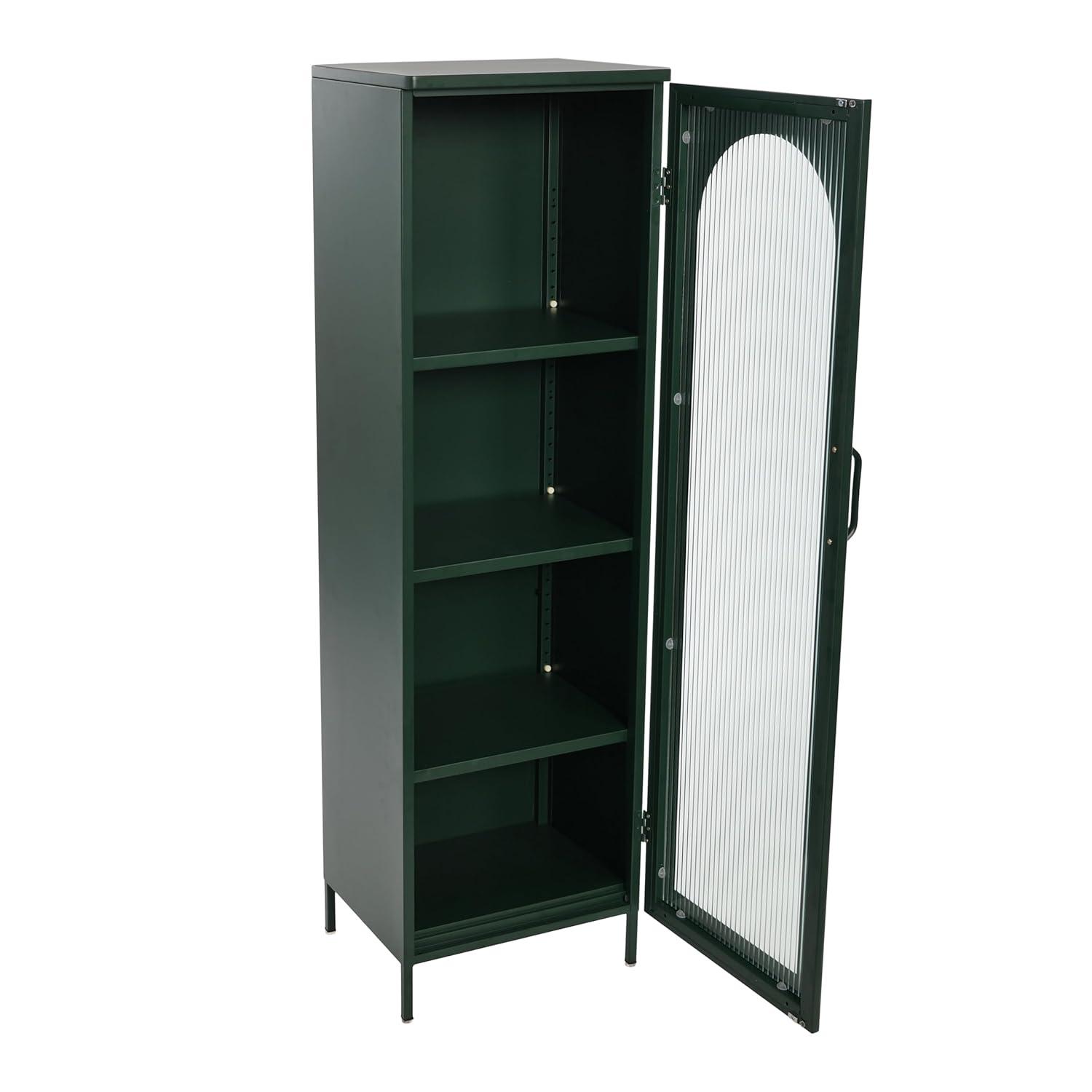 Storied Home Tall Metal Accent Cabinet: Arched Glass, 4 Shelves, Dark Green, 57" H