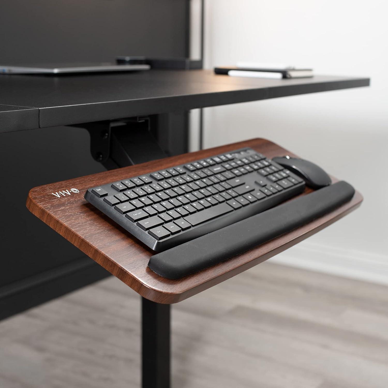 zhou yan jun Adjustable Computer Keyboard and Mouse Platform Tray, Ergonomic Under Table Desk Mount Drawer Underdesk Shelf, Dark Wood Top, Black Frame, MOUNT-KB03D