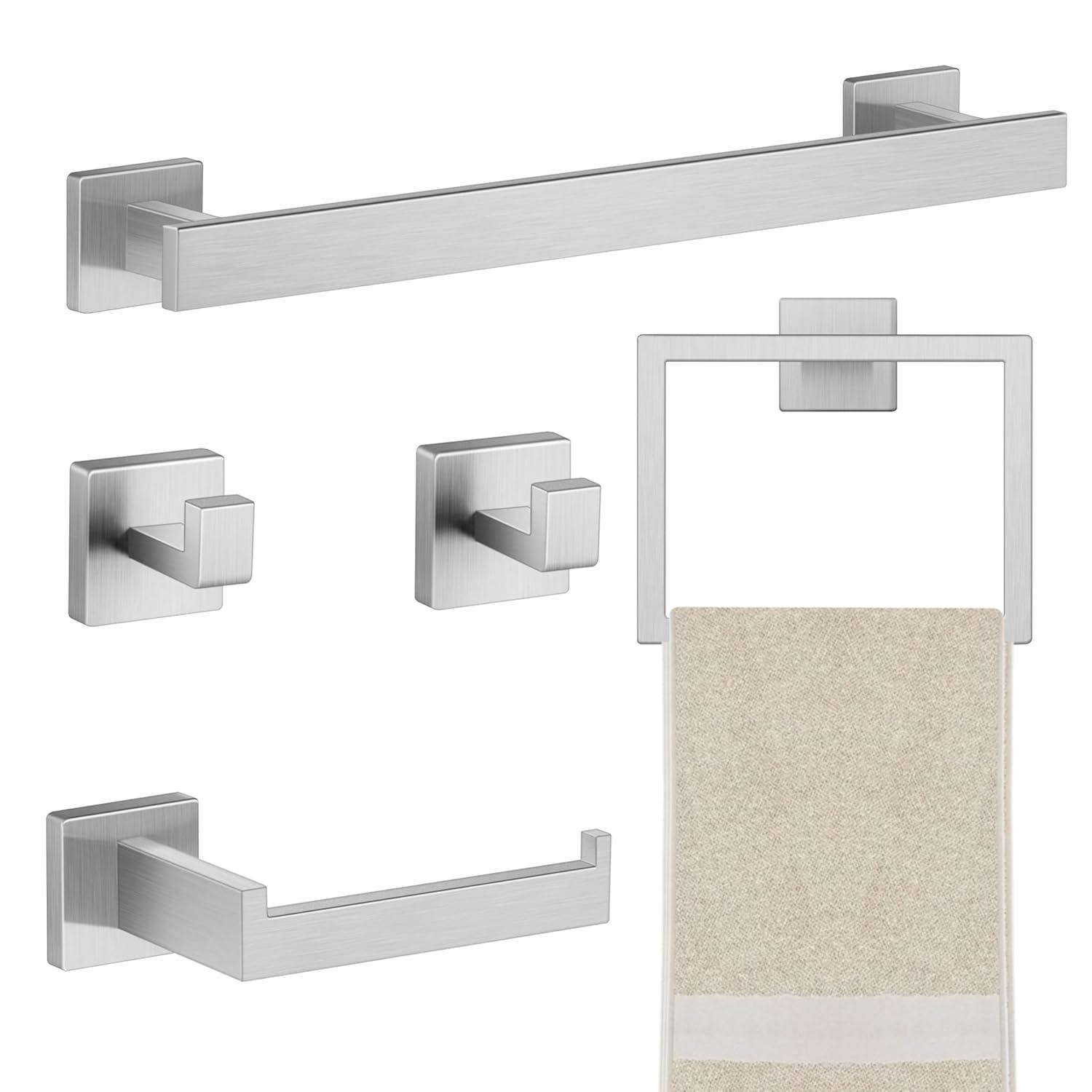 5 Pieces Brushed Nickel Bathroom Accessories Set, Homikit SUS304 Stainless Steel Wall Mounted Bath Towel Hardware Bar Set, 16 Inch Towel Rack, Toilet Paper Holder, Towel Ring, Hooks