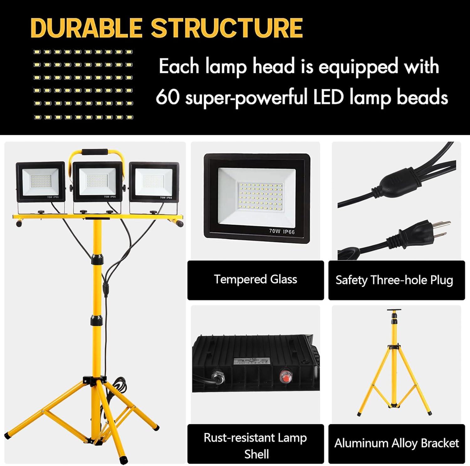 21000 Lumen Work Lights with Stand，3 Adjustable Head LED Work Light, with Adjustable and Foldable Tripod Stand, Waterproof Lamp with Individual Switch with 6500 Kelvin Color Temperature