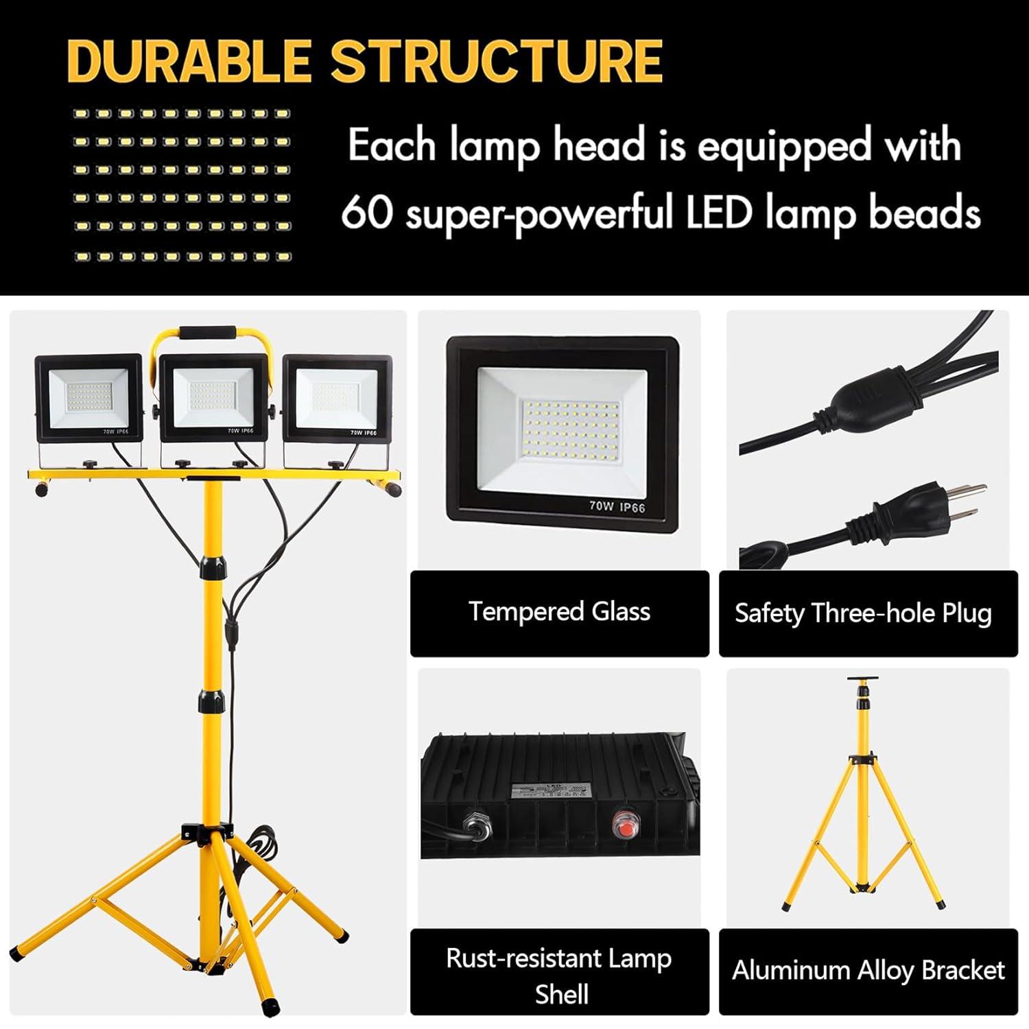 21000 Lumen Work Lights with Stand，3 Adjustable Head LED Work Light, with Adjustable and Foldable Tripod Stand, Waterproof Lamp with Individual Switch with 6500 Kelvin Color Temperature