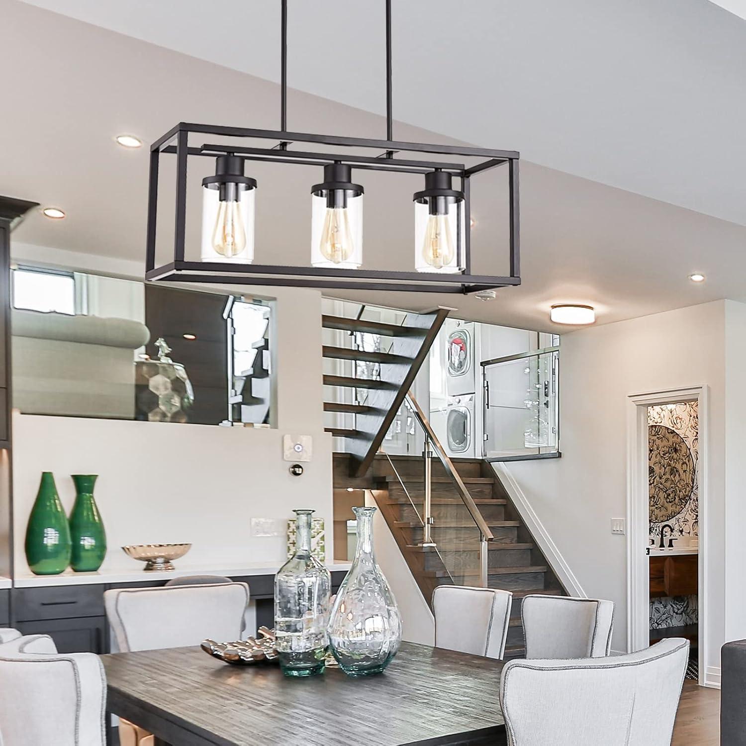 Black Metal and Glass 3-Light Kitchen Island Pendant