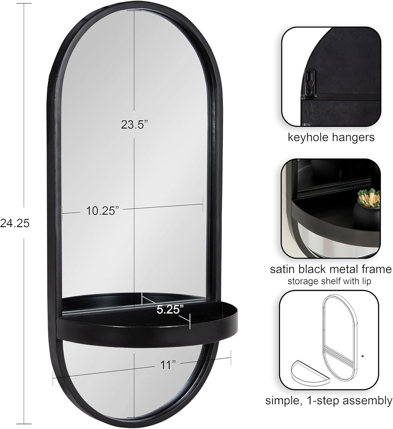11"x25" Estero KD Metal Wall Mirror with Shelf Black - Kate & Laurel All Things Decor: Oval, Mid-Century Modern