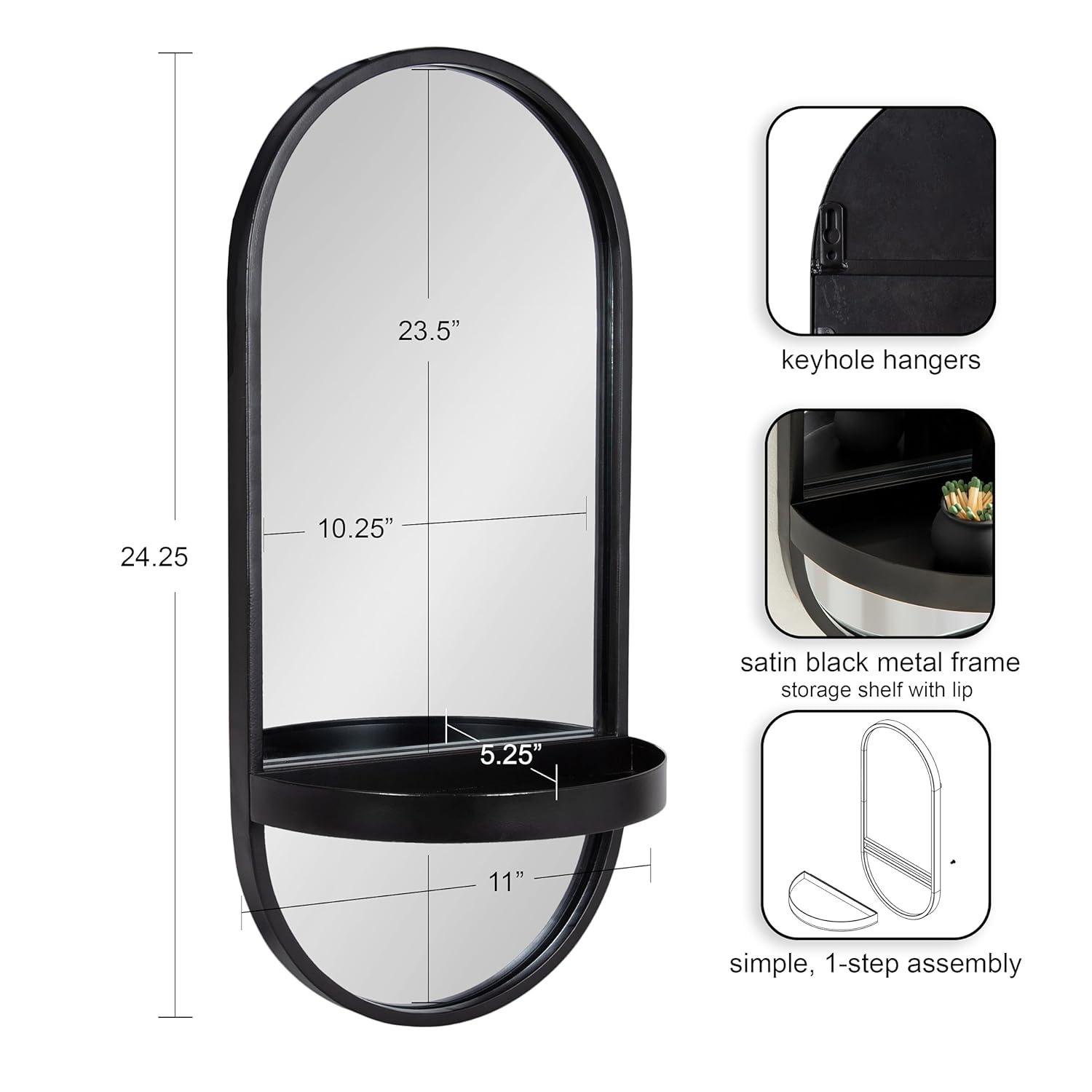 11"x25" Estero KD Metal Wall Mirror with Shelf Black - Kate & Laurel All Things Decor: Oval, Mid-Century Modern