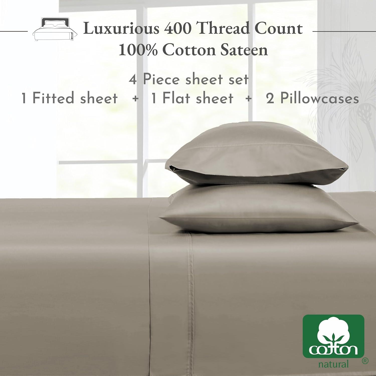 Cotton Sheets Set - Softest 400 Thread Count Bed Sheets, 100% Cotton Sateen, Cooling, Deep Pocket by California Design Den