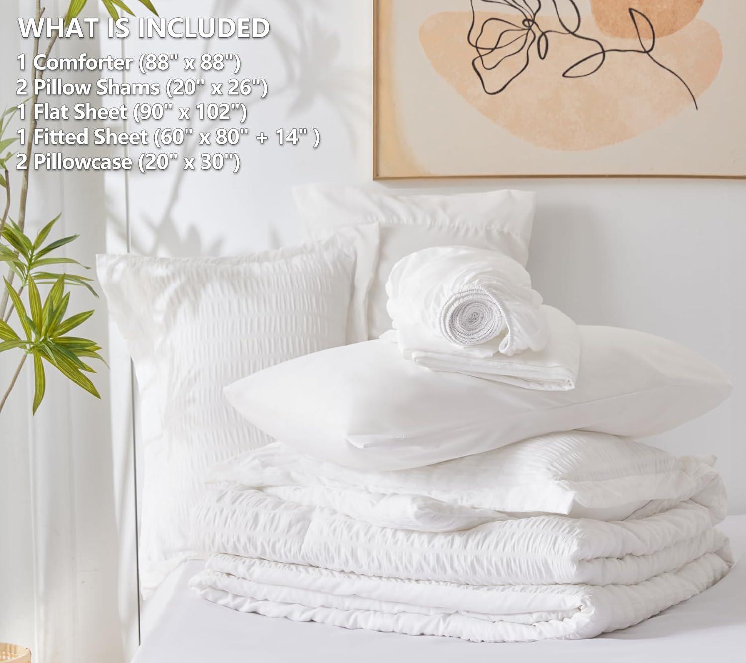 Queen Bed in a Bag White Seersucker Comforter Set with Sheets 7-Pieces All Season Bedding Sets with Comforter, Pillow Sham, Flat Sheet, Fitted Sheet and Pillowcase