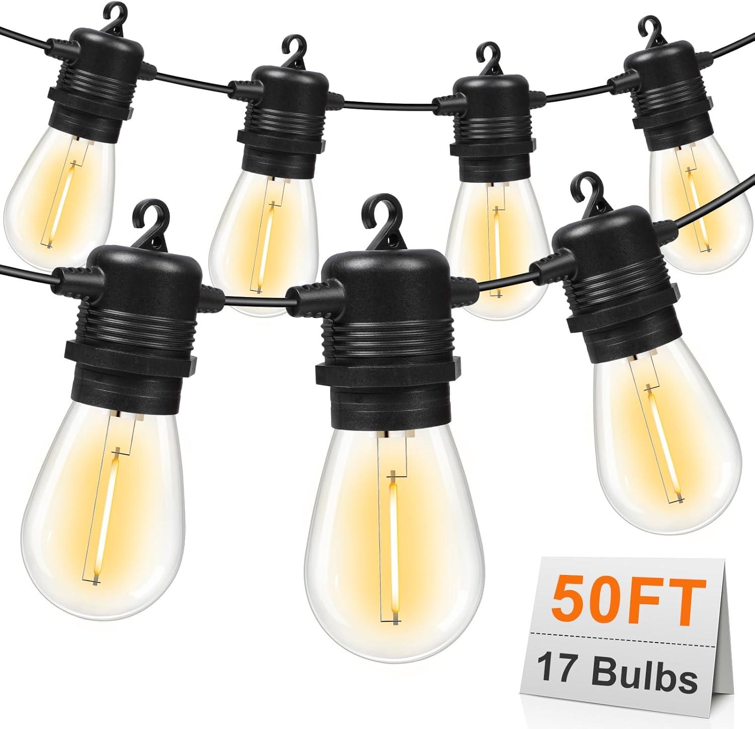 GvvooHome 50FT LED Outdoor String Lights with 16 Waterproof S14 Replaceable Bulbs(1 Spare), 2700K Commercial Grade Patio Lights, Outside Hanging Lights for Yard Garden Porch Deck Decor C24