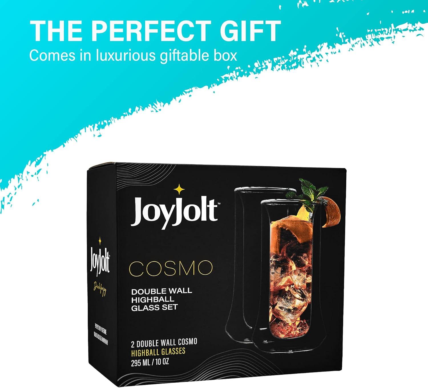 JoyJolt Cosmo Double Wall Highball Glasses – Set of 2 Insulated Glass Tumbler for Cocktails - 10 oz