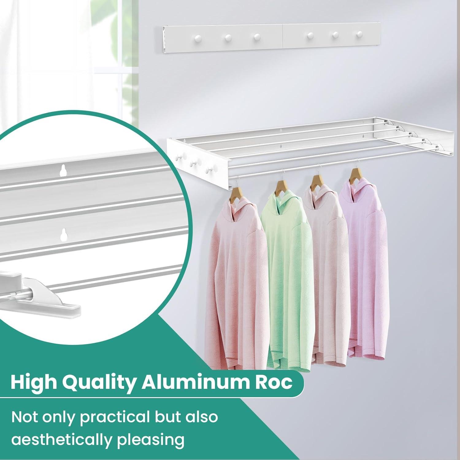 【Upgrade】 Laundry Drying Rack, 31.5" Drying Rack Clothing Wall Mounted,Foldable, 5 Aluminum Rods with 6 Hooks, Space-Saving White Collapsible Drying Racks Hanger for Laundry Bathroom